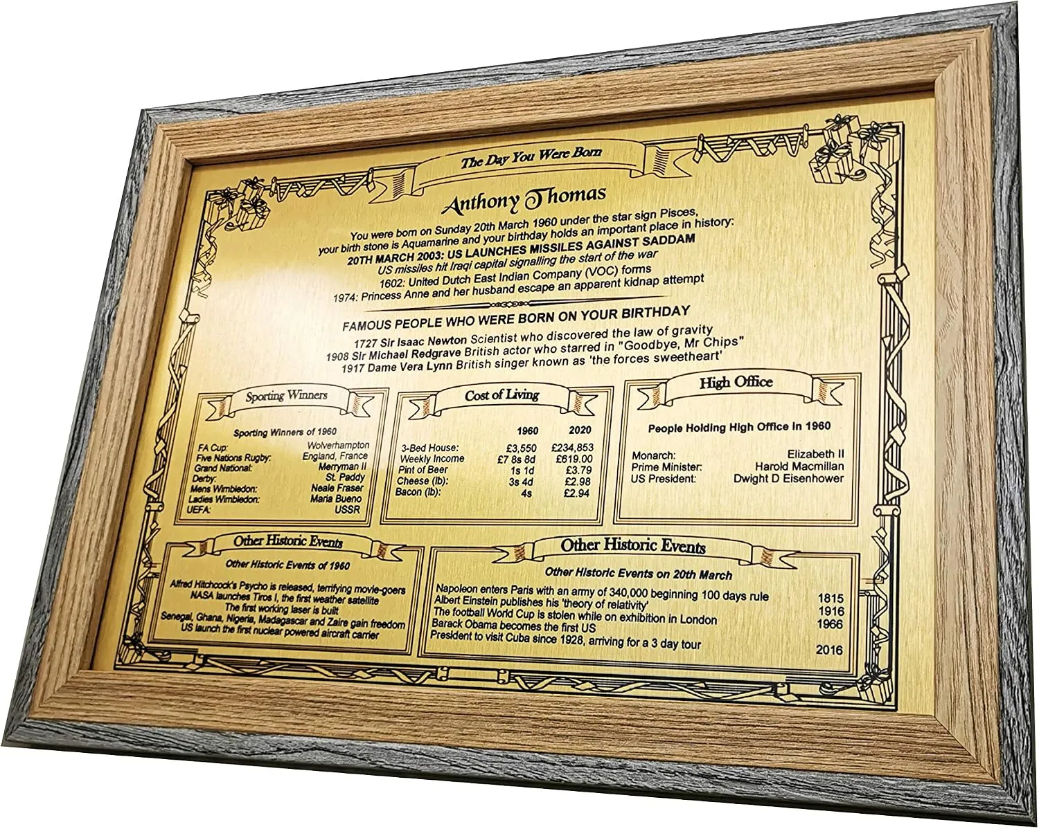 Gold-Framed Day You Were Born Keepsake