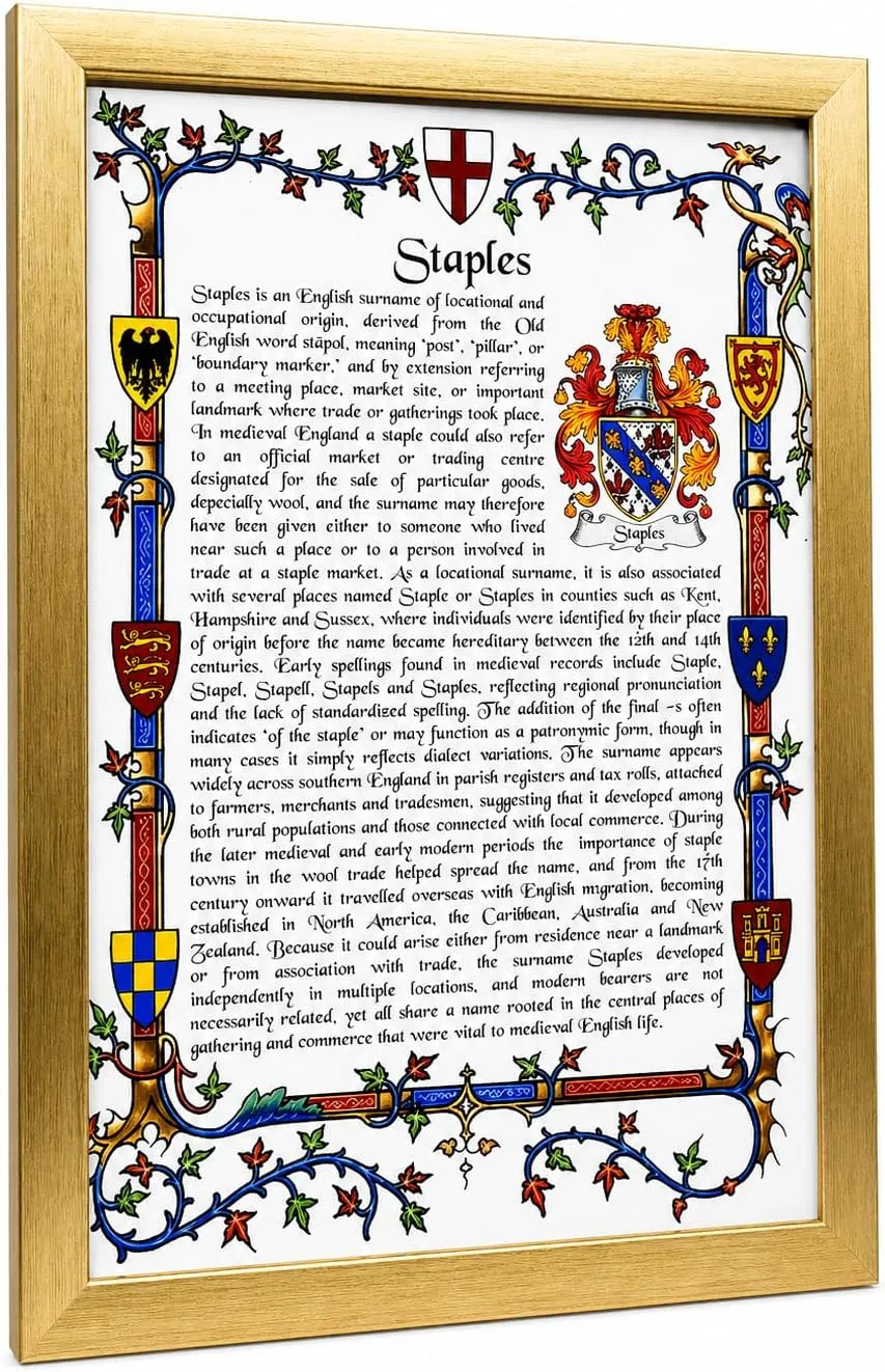 Featured personalised surname history and coat of arms framed gift