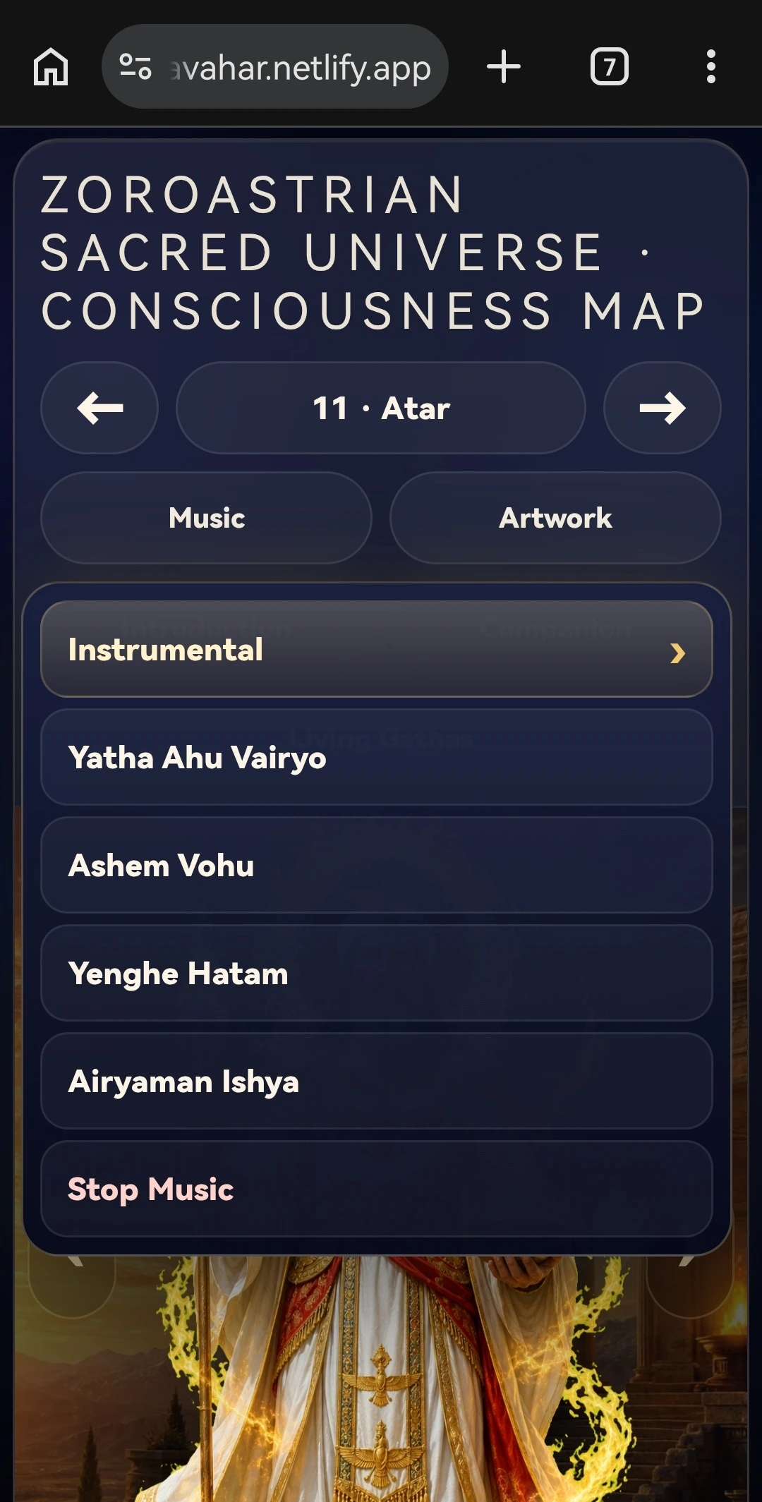Music menu with Zoroastrian prayers and instrumental tracks